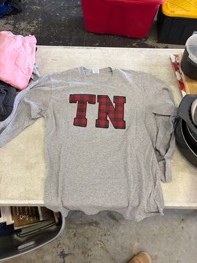 Gray Long-Sleeve Tee with Red Plaid TN Tennessee Applique
